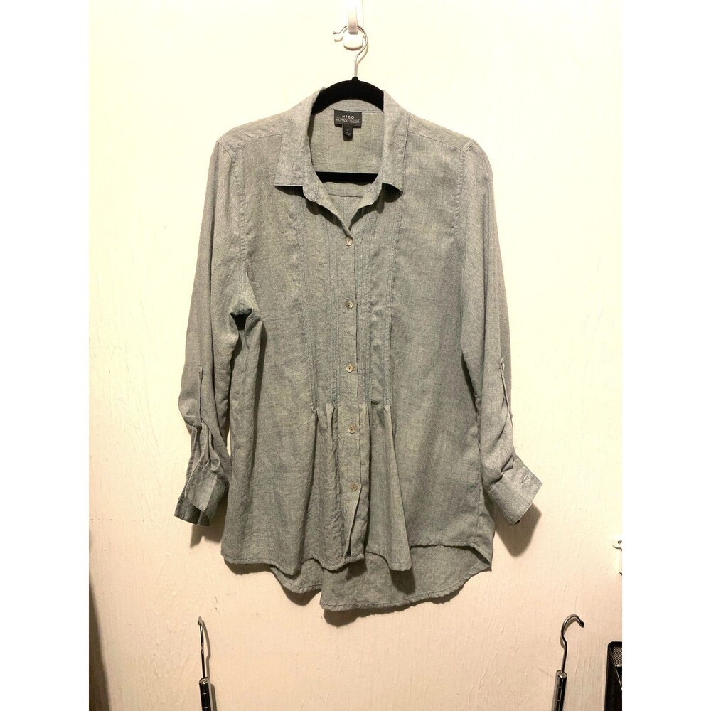 NTCO Nomadic Traders Green Textured Dobby Pintuck Roll Tab Tunic Blouse Large